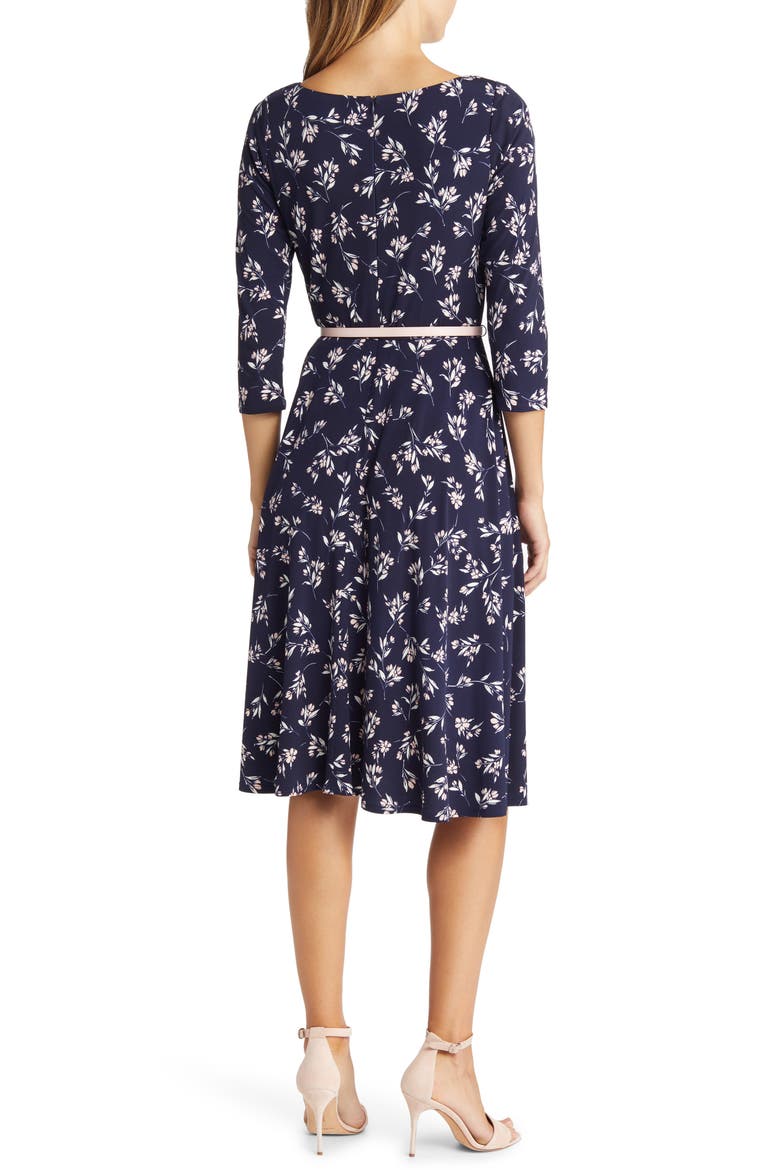 Pleated Floral Print Belted Dress, Alternate, color, NAVY