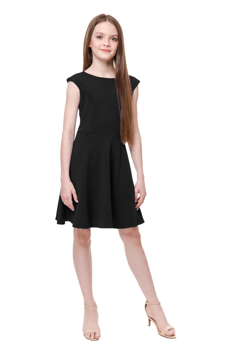 Un Deux Trois Textured Cap Sleeve Dress in Longer Length, Main, color, Black