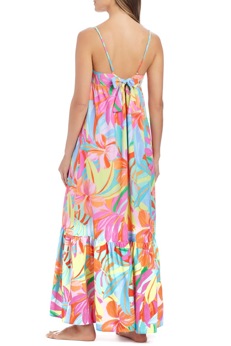 Shirred Bow Back Tiered Maxi Cover-Up Sundress, Alternate, color, MULTI PINK