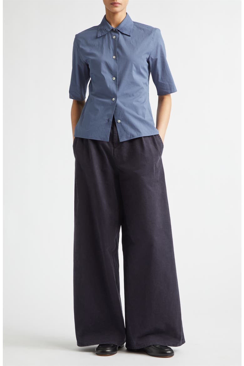 Pleated Collar Short Sleeve Cotton Button-Up Shirt, Alternate, color, SUGAR PAPER