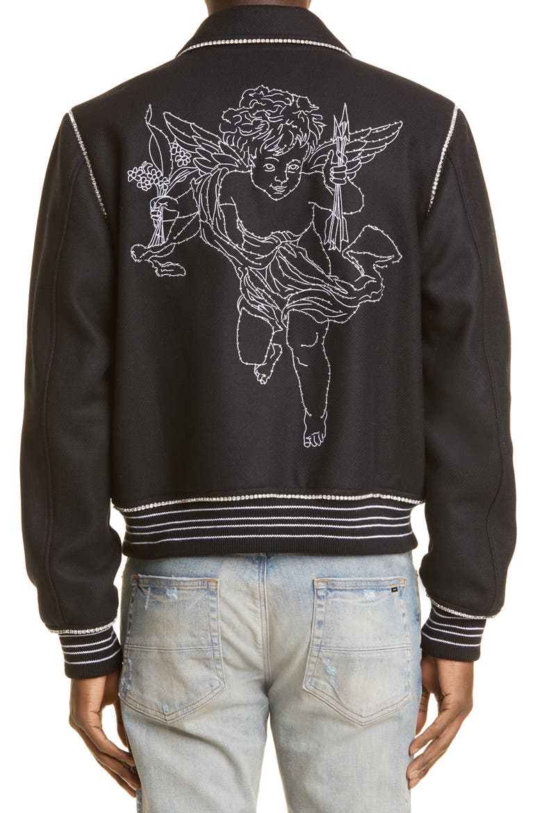 Cherub Crystal Embellished Wool Blend Bomber Jacket, Alternate, color, BLACK
