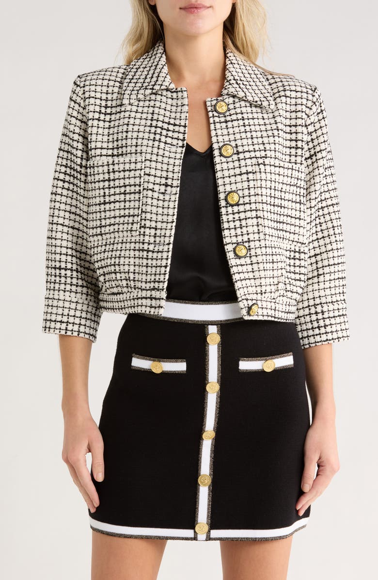 L'AGENCE Jia Crop Tweed Jacket, Main, color, Ecru/ Black