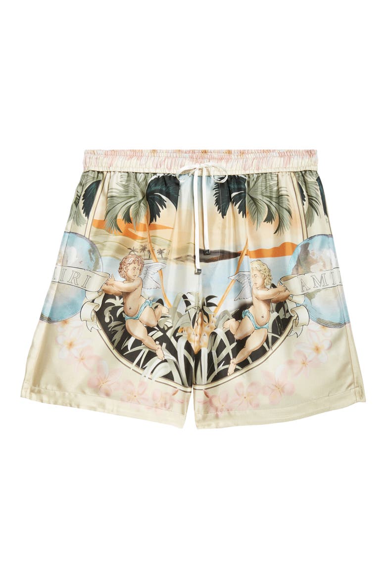 Cherub Print Silk Twill Shorts, Alternate, color, MULTI