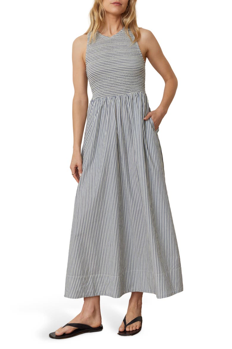 Darcy Sleeveless Smocked Midi Dress, Main, color, NAVY STRIPE