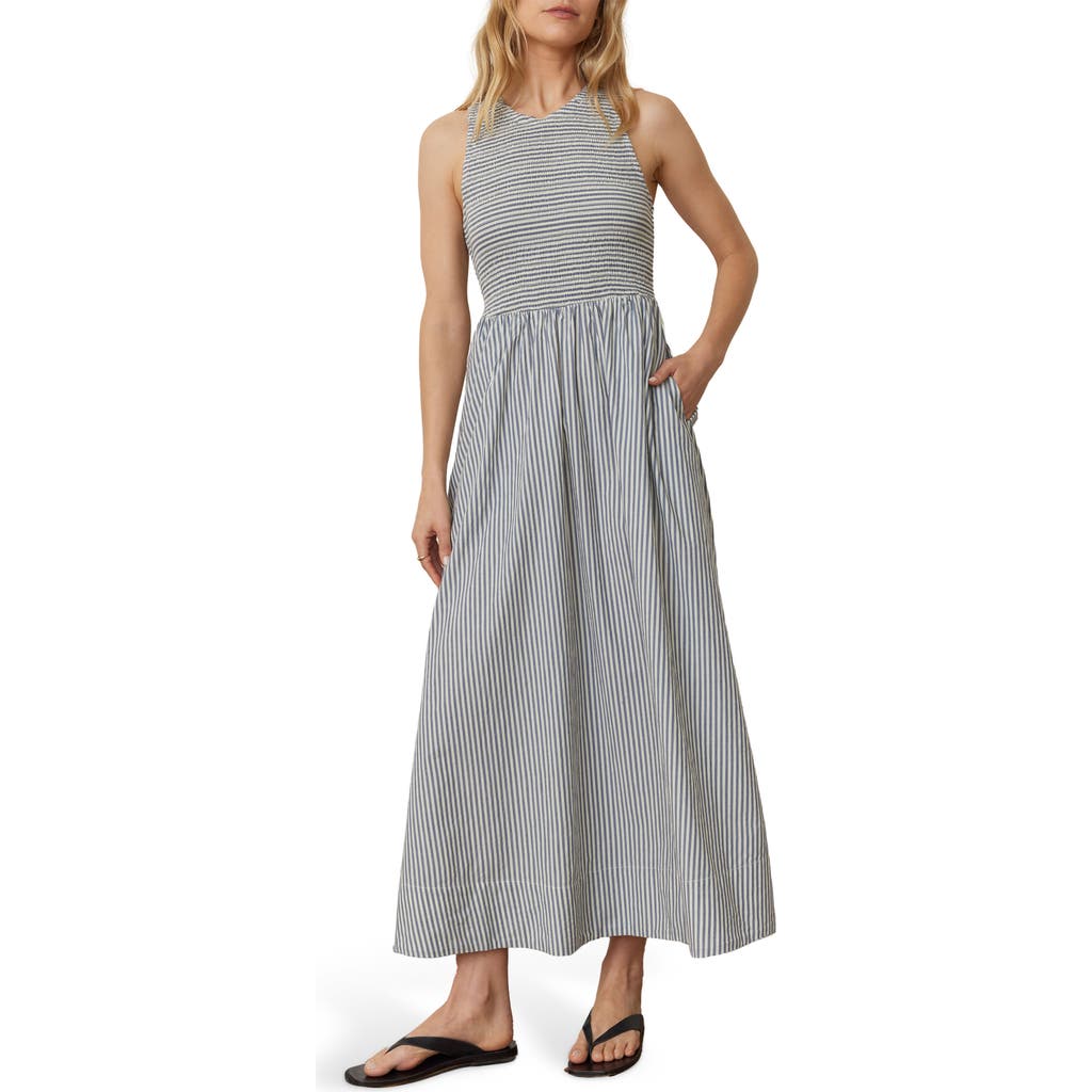 Marine Layer Darcy Sleeveless Smocked Midi Dress In Navy Stripe