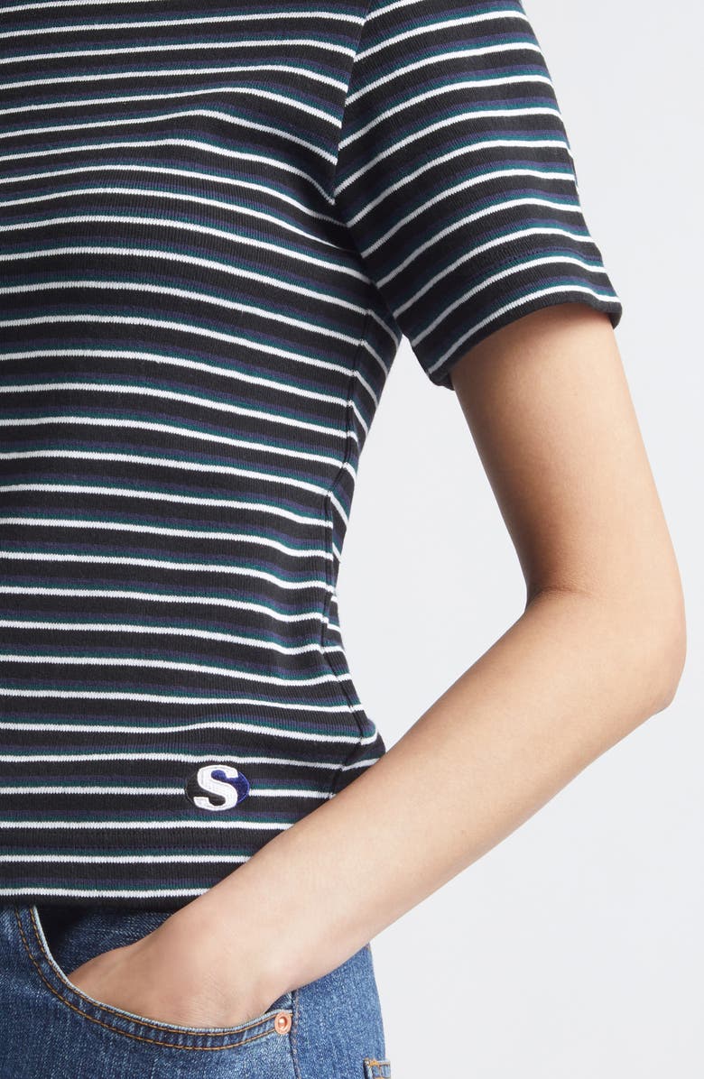 Sacai Stripe Rib Cotton T-Shirt, Alternate, color, Black