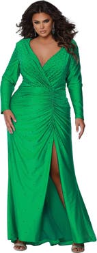Sydney's Closet Fitted Long Sleeve V-Neck Ruched Plus Size Gown
