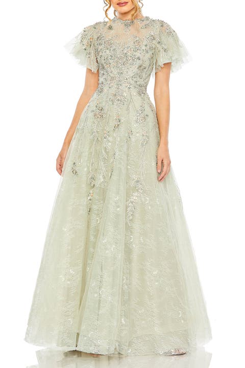 Women's Illusion Neck Beaded Lace Flutter Sleeve Ball Gown