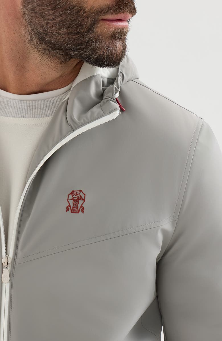 Brunello Cucinelli Bonded nylon hooded outerwear jacket with Thermore<sup>®</sup> padding and logo, Alternate, color, Grey
