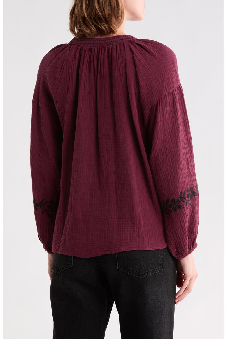 Embroidered Cotton Gauze Top, Alternate, color, BURGUNDY/ BLACK