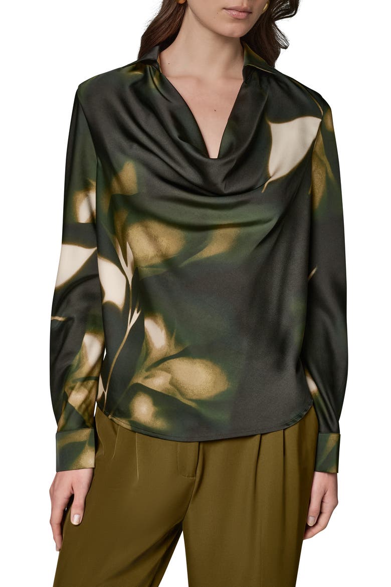 Printed Cowl Neck Satin Top, Main, color, OLIVE BRINE