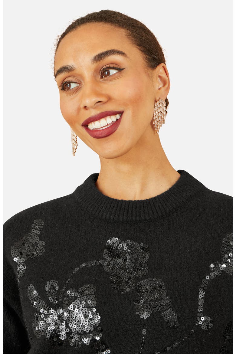 Relaxed Fit Floral Sequin Sweater, Alternate, color, Black