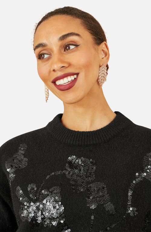Yumi Relaxed Fit Floral Sequin Sweater In Black