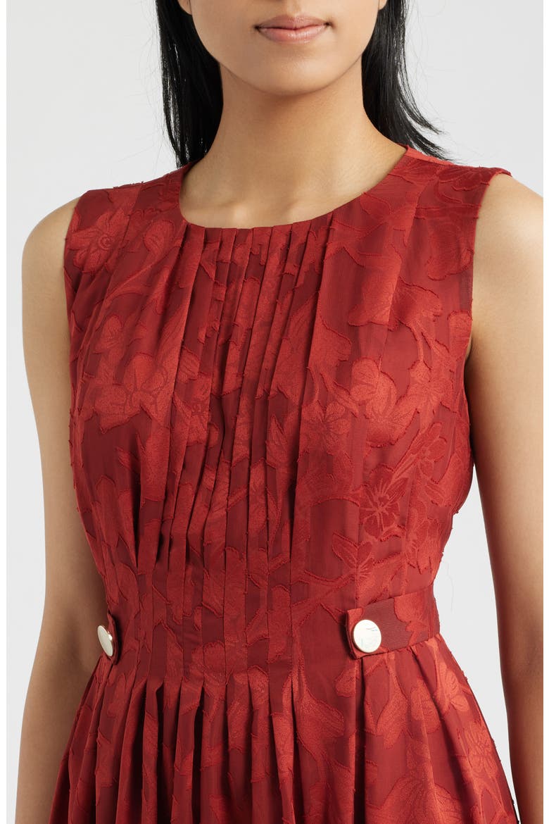 Pleated Floral Jacquard Midi A Line Dress, Alternate, color, RUST