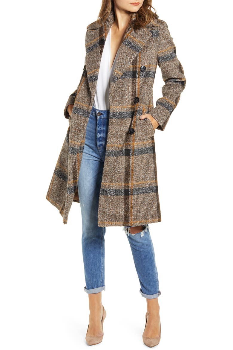 Plaid Double Breasted Coat, Main, color, BROWN PLAID