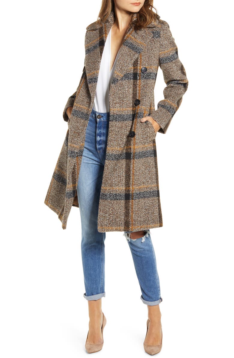 KENDALL + KYLIE Plaid Double Breasted Coat, Main, color, 