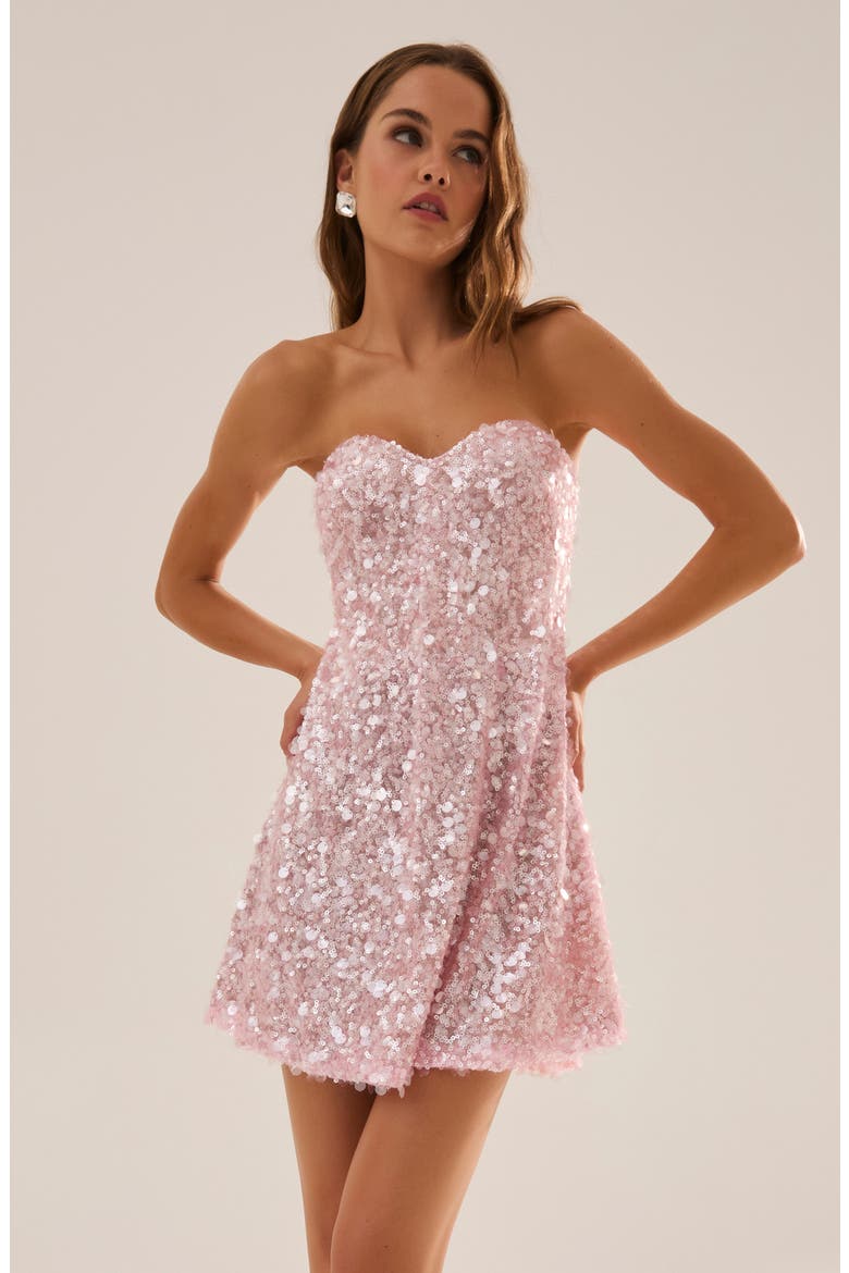 Mimi Sequin Strapless Minidress, Alternate, color, BABY PINK