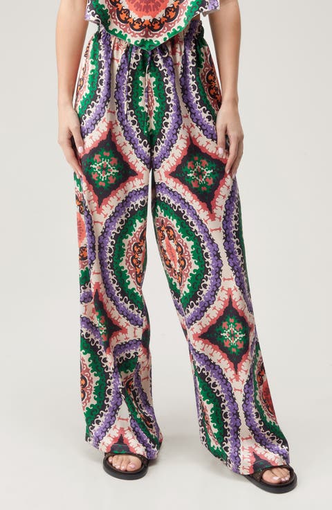 Boho Print Wide Leg Satin Pants
