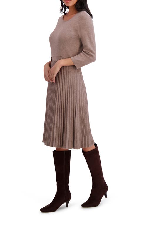 London Times Long Sleeve Pleated Flare Skirt Dress In Brown