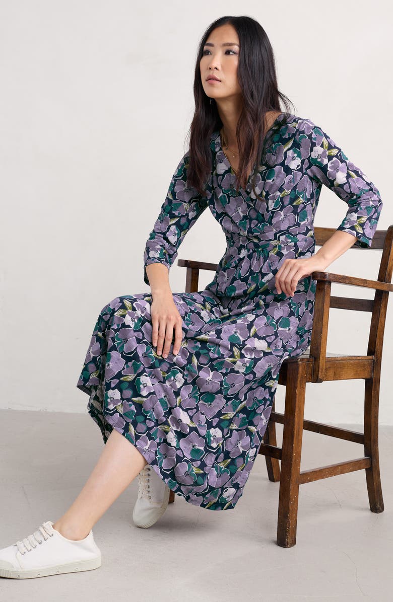 Seasalt Cornwall Chapelle Floral Organic Cotton Jersey Midi Dress, Alternate, color, Paper Hellebores Echium