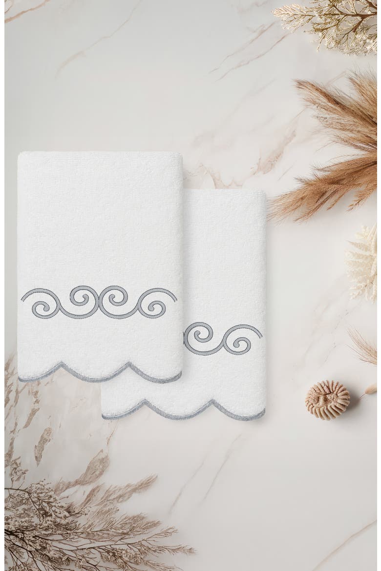 2-Piece Symmetra Embroidered Turkish Cotton Hand Towel Set, Alternate, color, WHITE/ GRAY