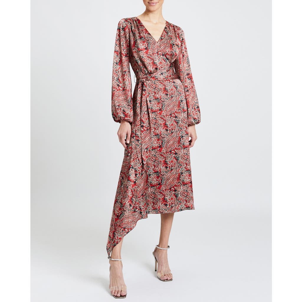 Santorelli Vanna Faux Wrap Midi Print Dress In Crimson Red