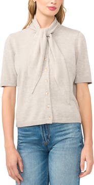 CeCe Tie Neck Short Sleeve Cardigan
