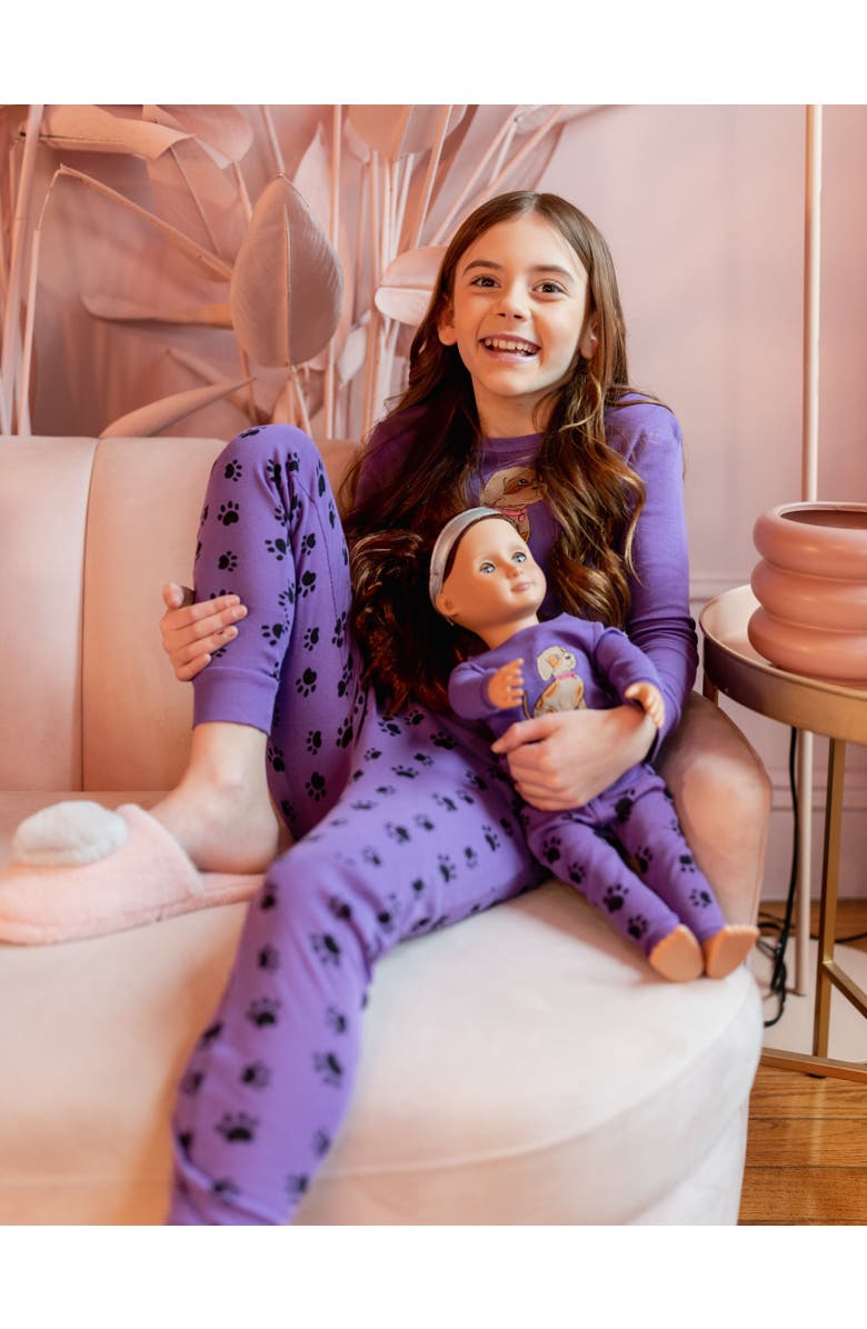 Leveret Girls 2-pc. Cotton Pajamas with Matching Doll Accessory - Animal Prints, Alternate, color, Dog Paw Purple