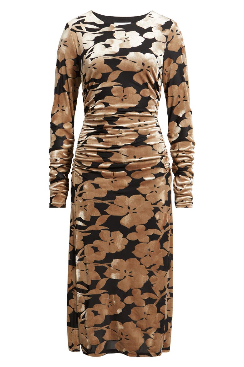 Floral Long Sleeve Velvet Burnout Midi Dress, Alternate, color, PLATINUM