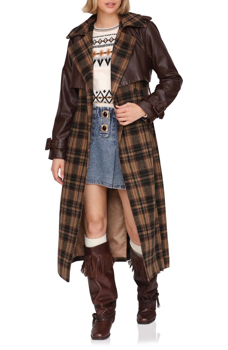 Avec Les Filles Plaid Faux Leather Trim Double Breasted Coat, Main, color,