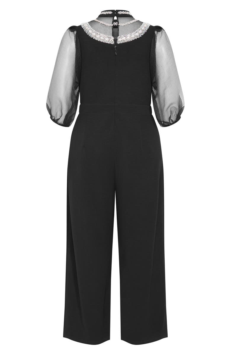 City Chic Phoenix Embellished Sheer Panel Jumpsuit, Alternate, color, Black