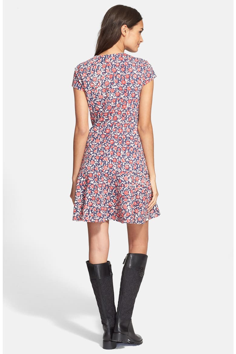 Cap Sleeve V-Neck Dress, Alternate, color, BIRCH CALICO