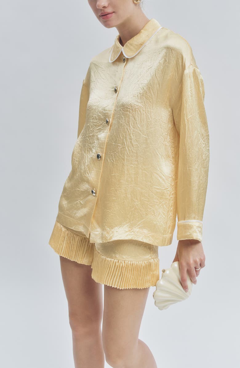 MAUDE CLUB Marsh Crinkled Satin Pleat Hem Mini Shorts, Alternate, color, Butter Yellow