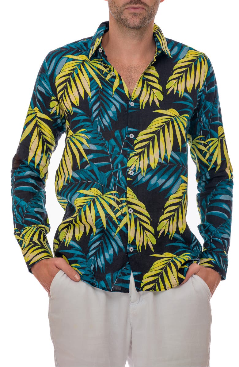 RANEES Linen Resort Button-Up Shirt, Alternate, color, Black