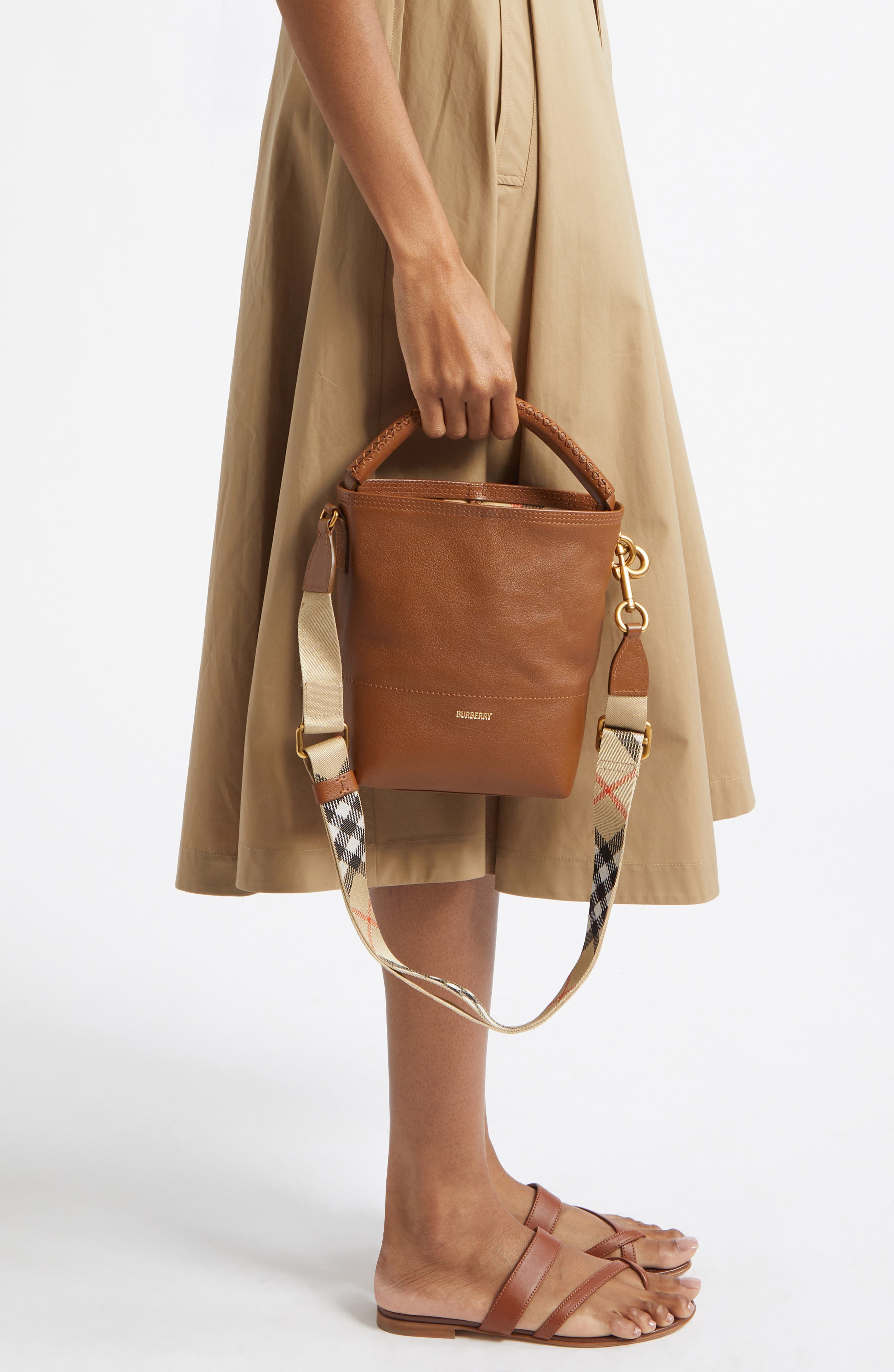 Burberry Mini B Clip Leather Bucket Bag, Alternate, color, Hazel