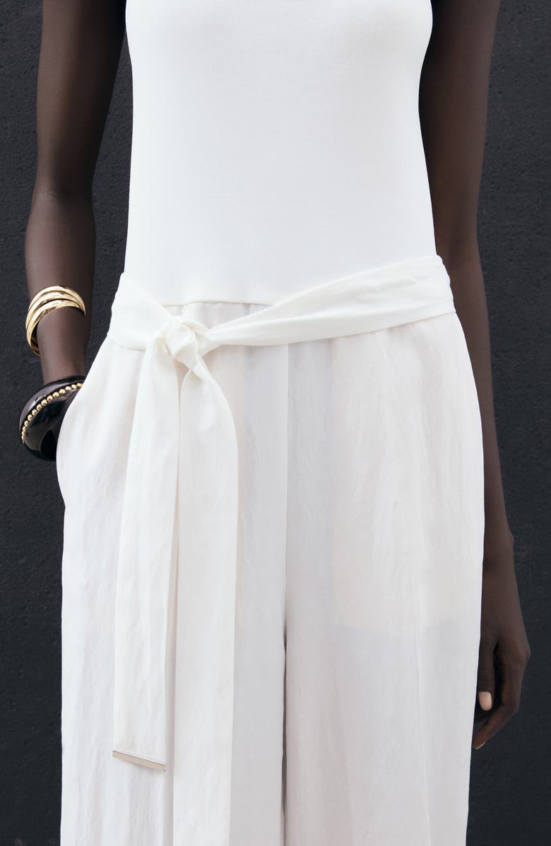 MANGO Tie Waist Wide Leg Jumpsuit, Alternate, color, Off White