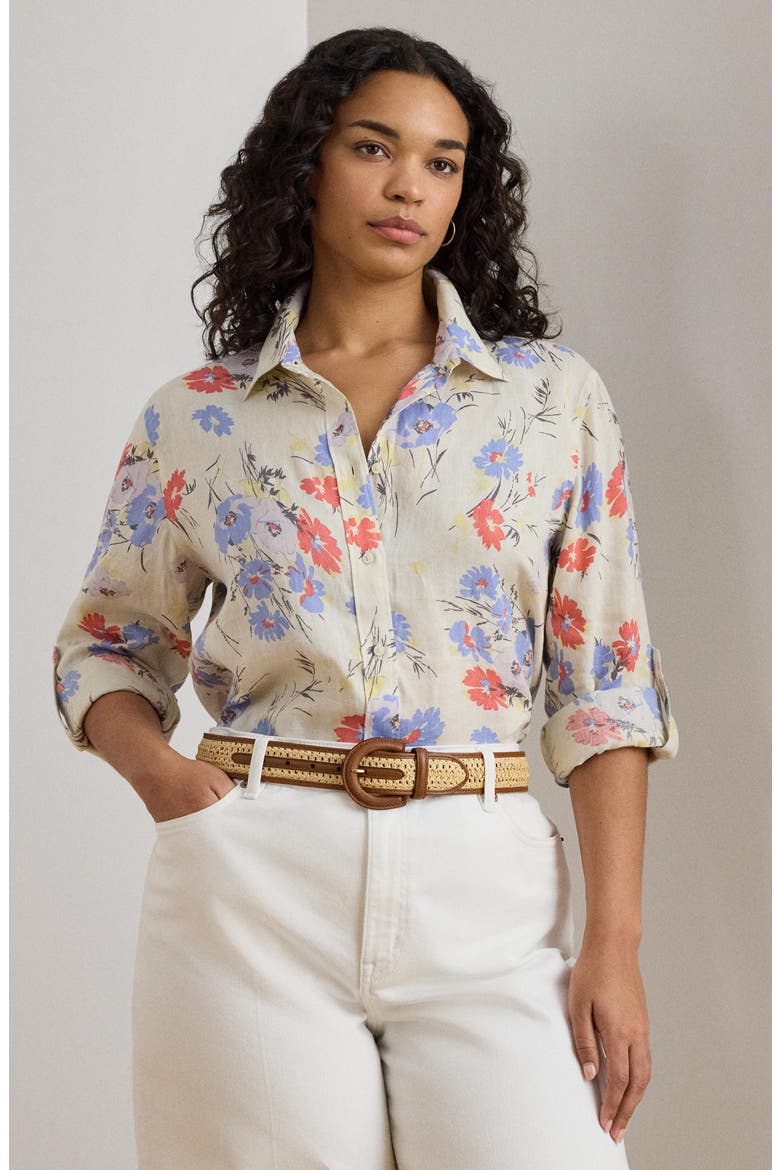 Relaxed Fit Floral Linen Shirt, Alternate, color, CREAM/ MULTI