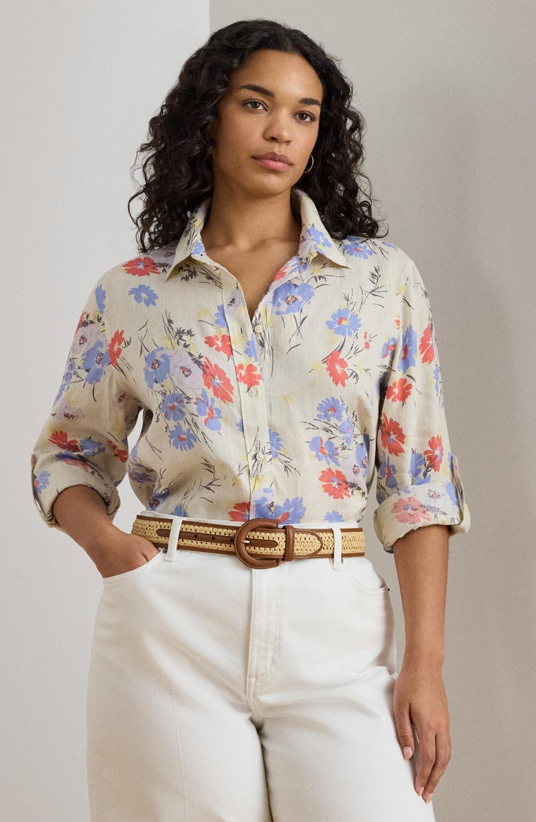 Lauren Ralph Lauren Karrie Relaxed Fit Floral Linen Button-Up Shirt, Alternate, color, Cream/ Multi