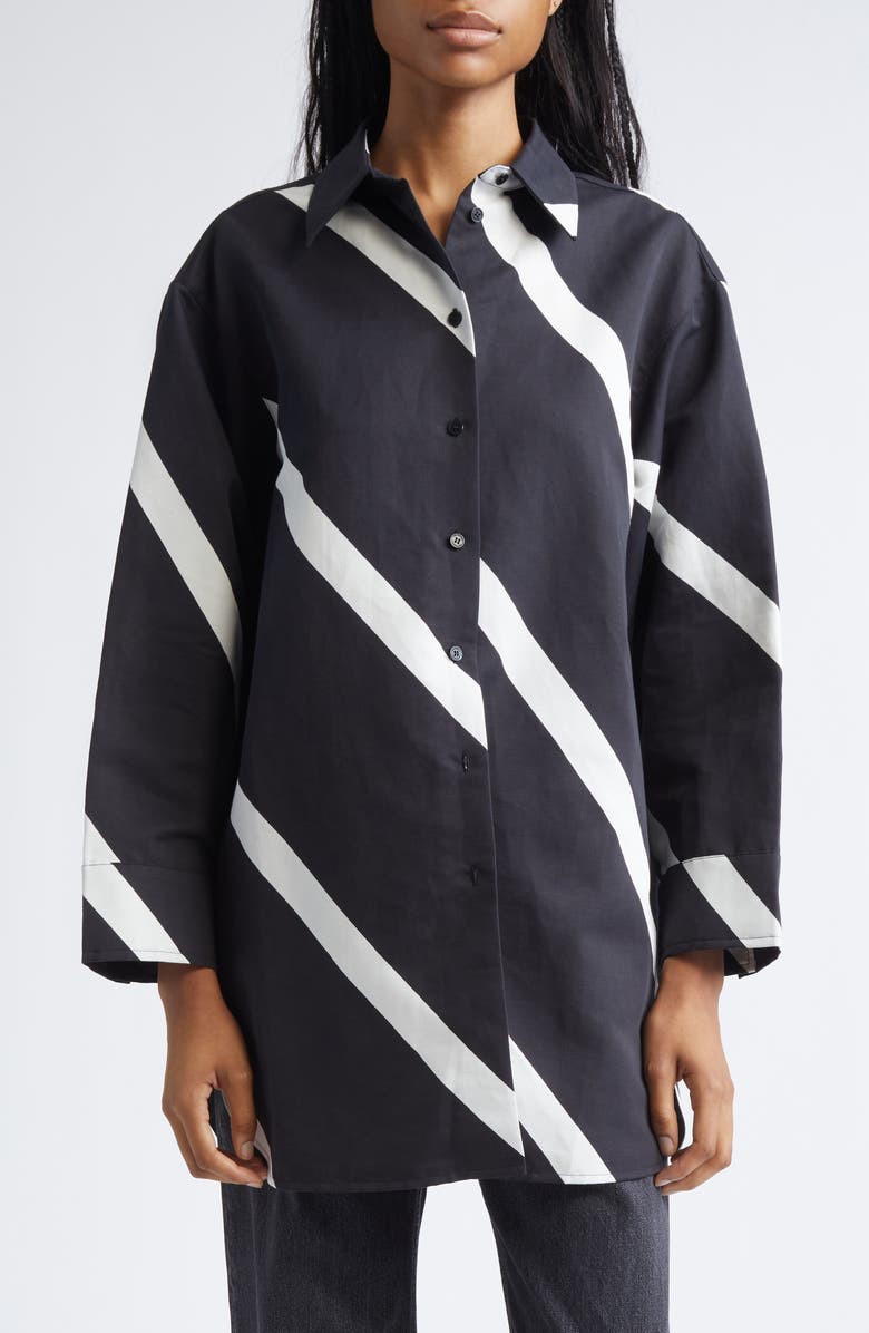 Marimekko Heitto Basso Cotton & Linen Button-Up Shirt, Main, color, Black Off White
