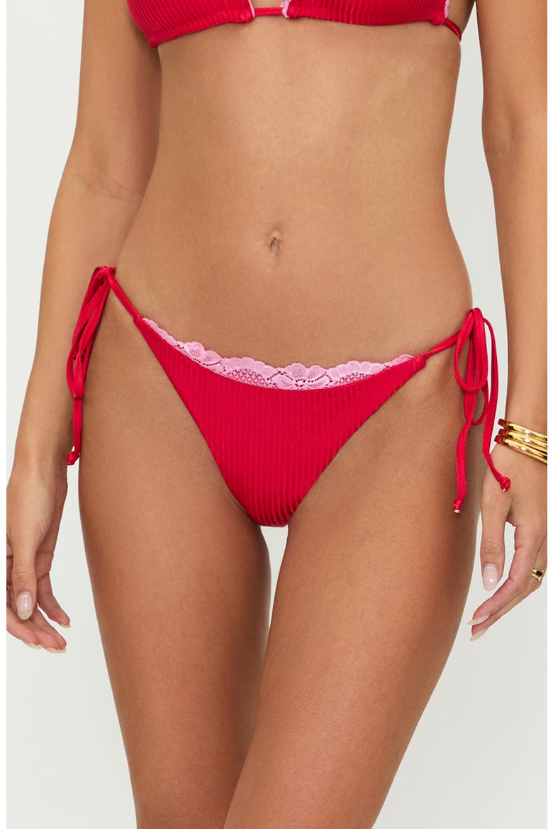 Soleil Rib Lace Trim Side Tie Bikini Bottoms, Main, color, HOLLY JOLLY