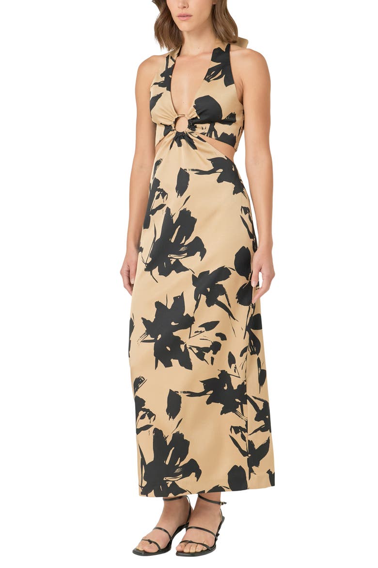 Floral Cutout O-Ring Maxi Dress, Alternate, color, BEIGE/ BLACK