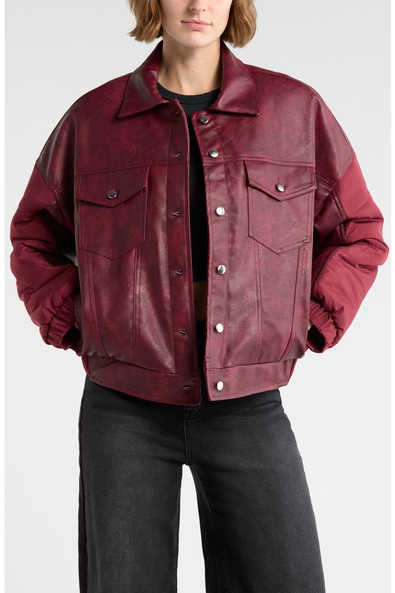 Faux Leather Trucker Jacket, Main, color, OXBLOOD
