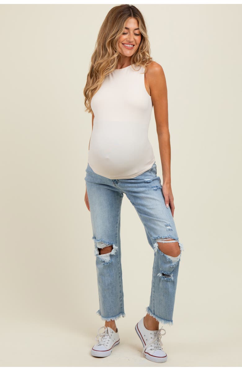 PinkBlush Ripped Knee Fringe Hem Straight Leg Maternity Ankle Jeans, Main, color, Light Blue