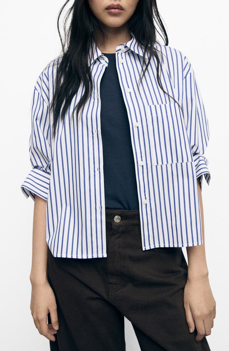 MANGO Stripe Crop Button-Up Shirt, Main, color, Sky Blue