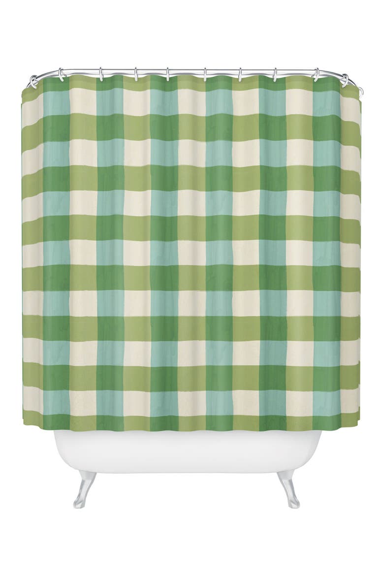Fruit Salad Gingham Print Shower Curtain, Main, color, GREEN