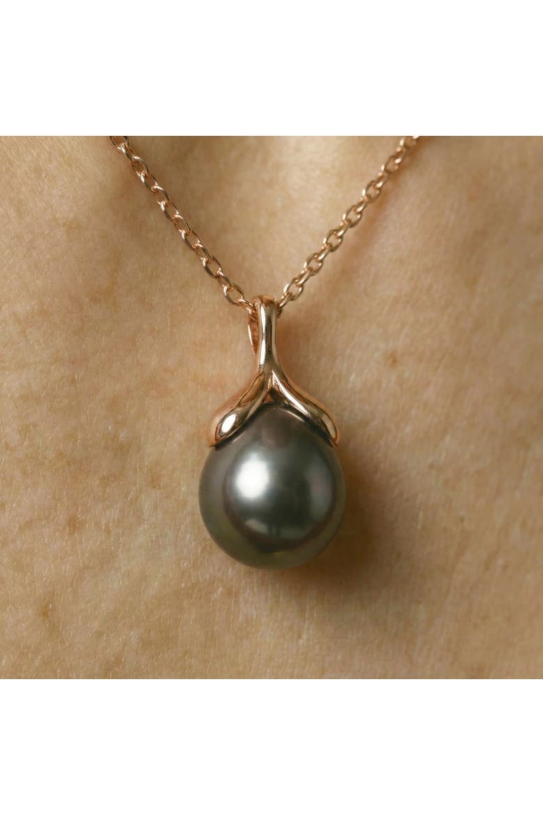10-11mm Tahitian South Sea Pearl Rose Gold Plated Olive Drop Pendant and Earrings Set, Alternate, color, Black Pearls