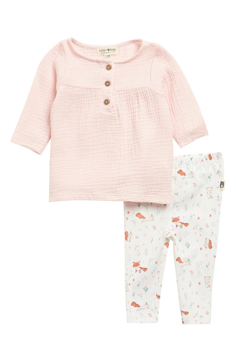 RABBIT AND BEAR ORGANIC Gauze Top & Fox Print Leggings Set, Main, color,