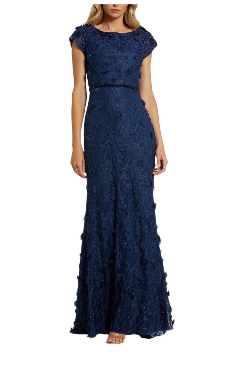 Mac Duggal Women'sFloral Applique Boat Neck Cap Sleeve Gown, Main, color, Midnight