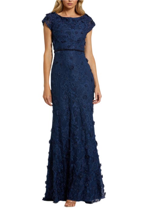 Women'sFloral Applique Boat Neck Cap Sleeve Gown