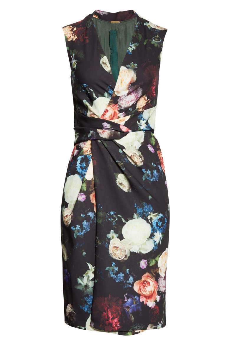 Drape Waist Floral Print Faux Wrap Sheath Dress, Alternate, color, MULTI FLORAL